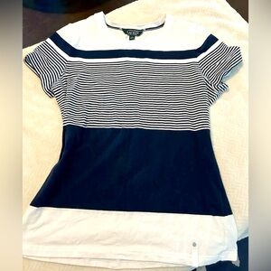Lauren Ralph Lauren T Shirt Women L White/Navy Striped Colorblock Cotton Stretch